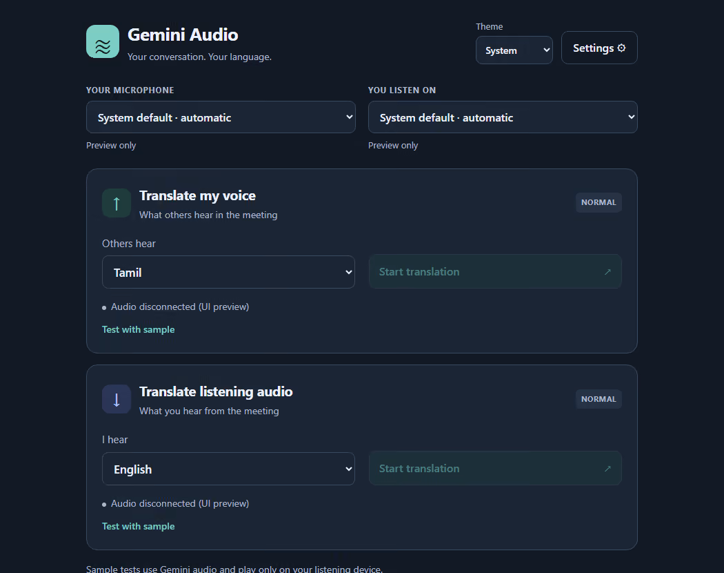 Gemini Audio desktop app: translate my voice and translate what I hear, shown as an offline UI preview
