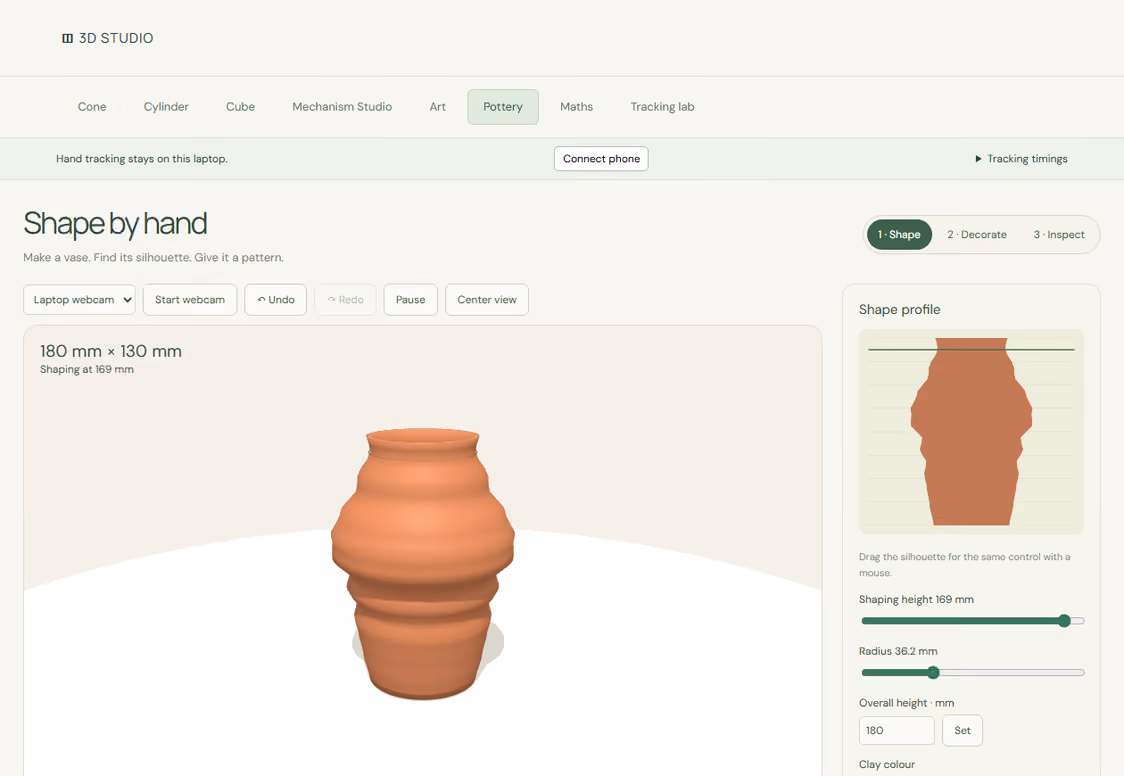 A 3D pot sculpted in Sujal’s browser interface, with a shape profile and phone-control option