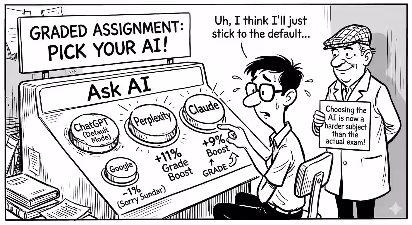 Comic about students choosing which LLM to use for a graded assignment
